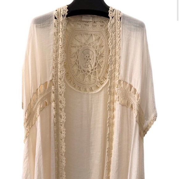 Altar’d State Cream Crochet Trim Midi Boho Festival Kimono Kaftan XS Coverup - Picture 7 of 16